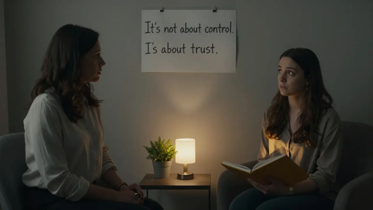 Две женщины в тёплой комнате: одна — терапевт, другая — с журналом, между ними — тишина и понимание.