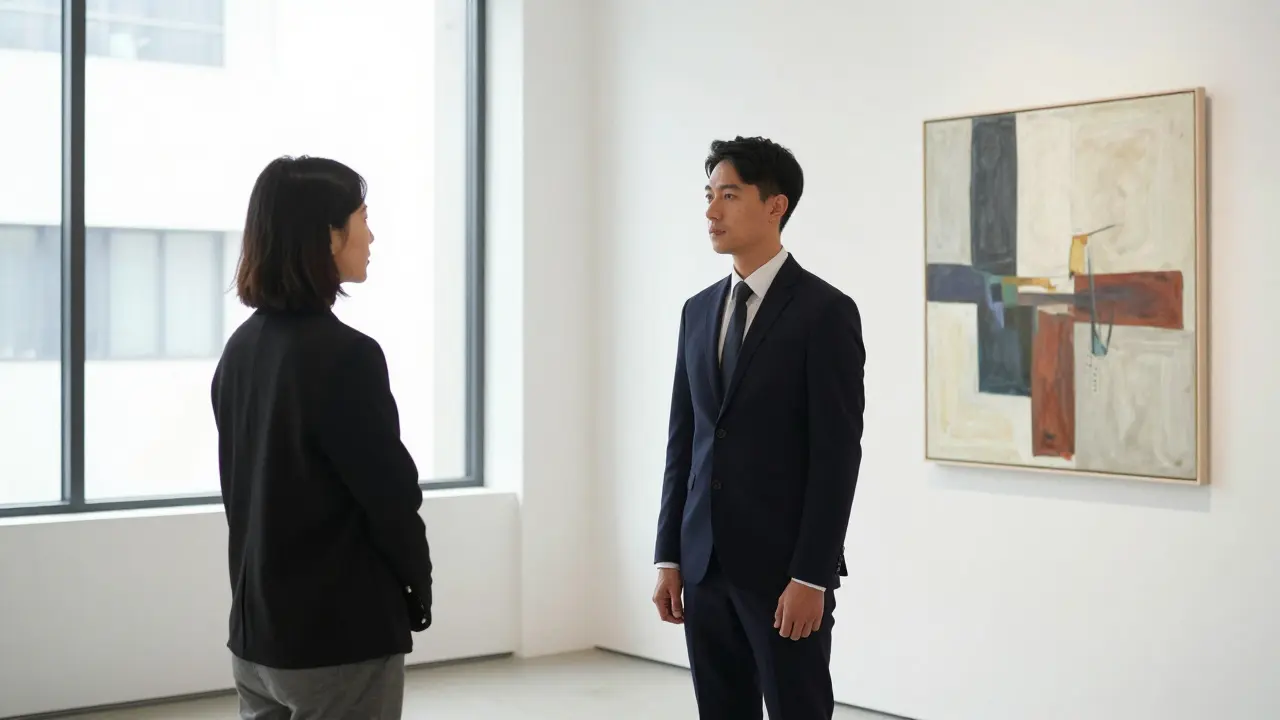 Эскорт и клиент вместе смотрят на картину в галерее, сохраняя уважительную дистанцию и тишину.