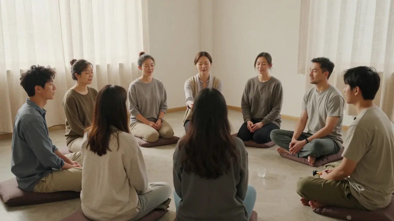 Группа людей в тишине, принимающая спокойное присутствие профессионала без физического контакта.