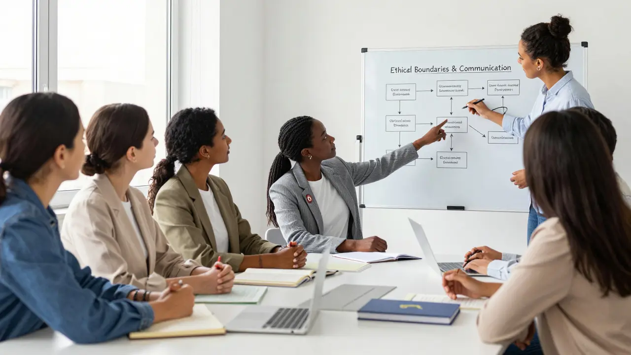 Группа женщин на тренинге по этике общения, в классе с книгами и диаграммами, светлое помещение символизирует прозрачность.
