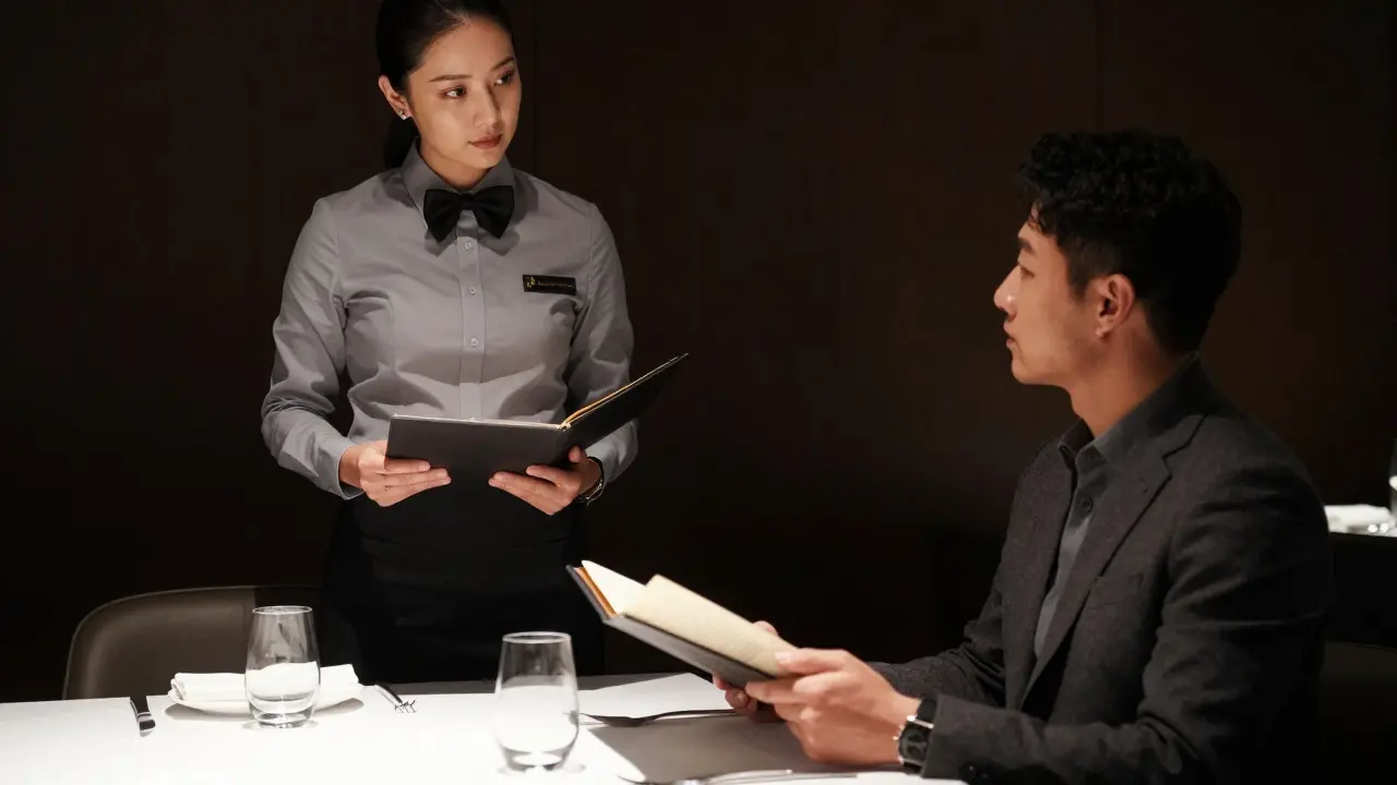 Клиент в ресторане смотрит на меню, но не выбирает, провайдер стоит рядом спокойно.