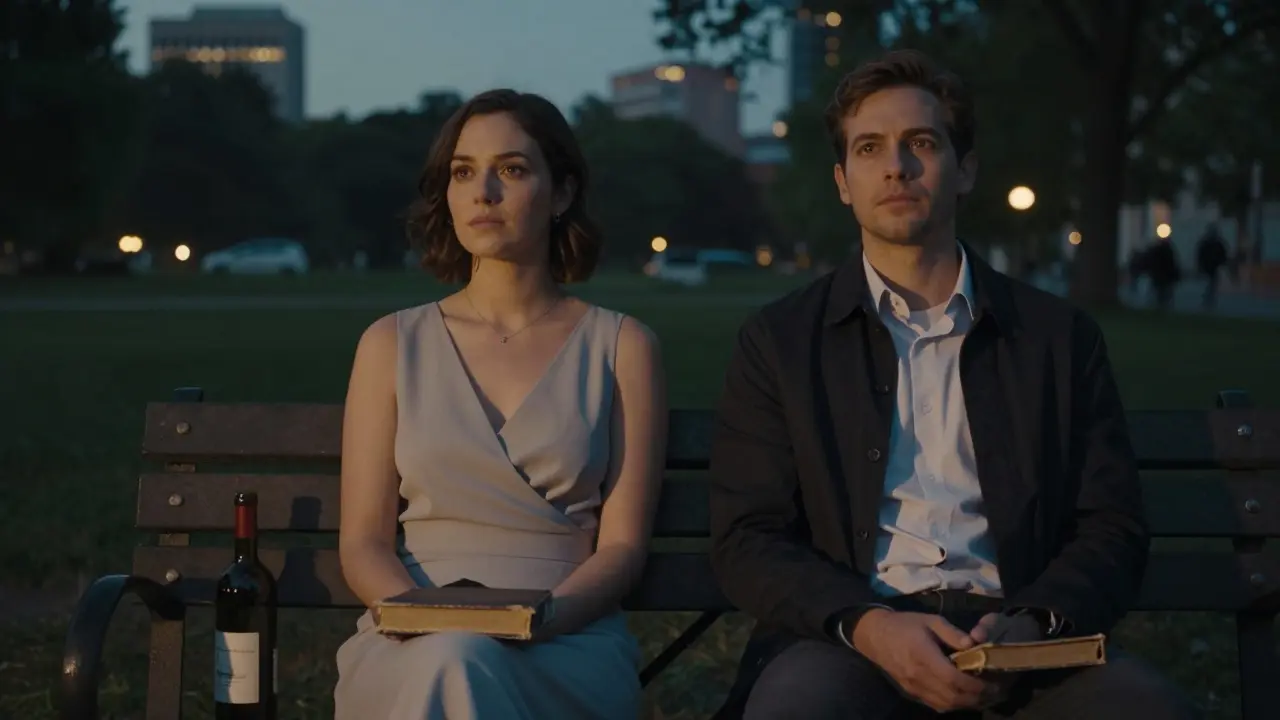 Мужчина и женщина сидят рядом на скамейке в парке на закате, молча, без прикосновений.