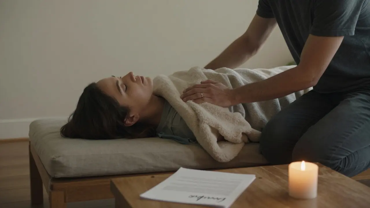 Один человек лежит с закрытыми глазами, другой осторожно накрывает его тяжелым одеялом, рядом — подписанный договор и свеча, символизирующие безопасность и согласие.