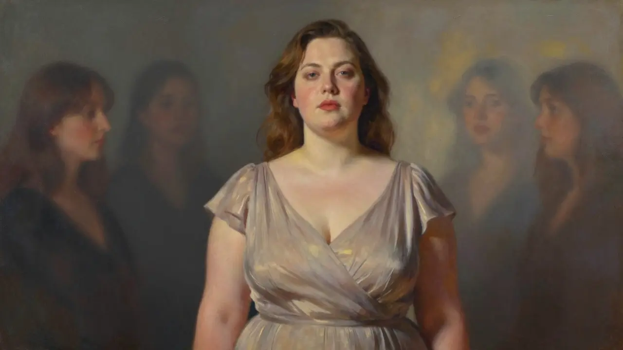 Портрет женщины с полной фигурой, чье внутреннее достоинство рассеивает тени осуждения, окружённой тёплым светом самопринятия.