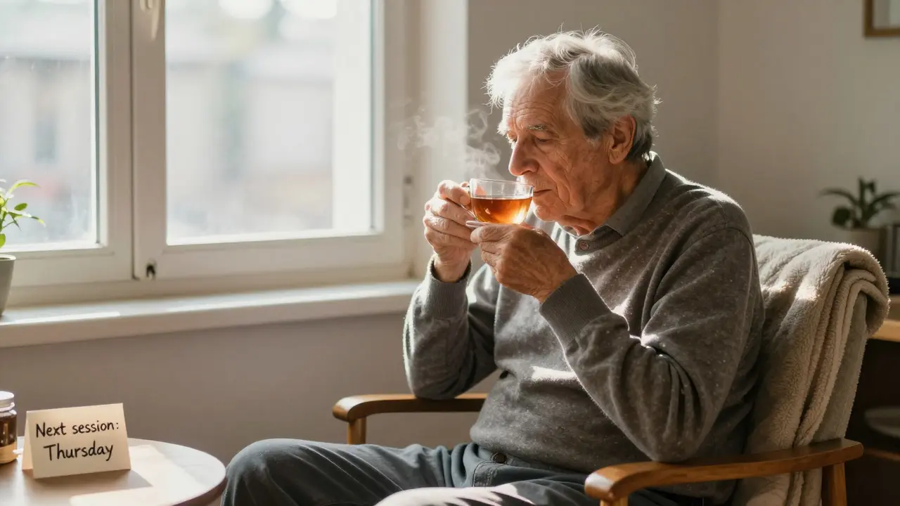 Пожилой мужчина с чашкой чая у окна, рядом — сложенное одеяло и записка о следующем сеансе.