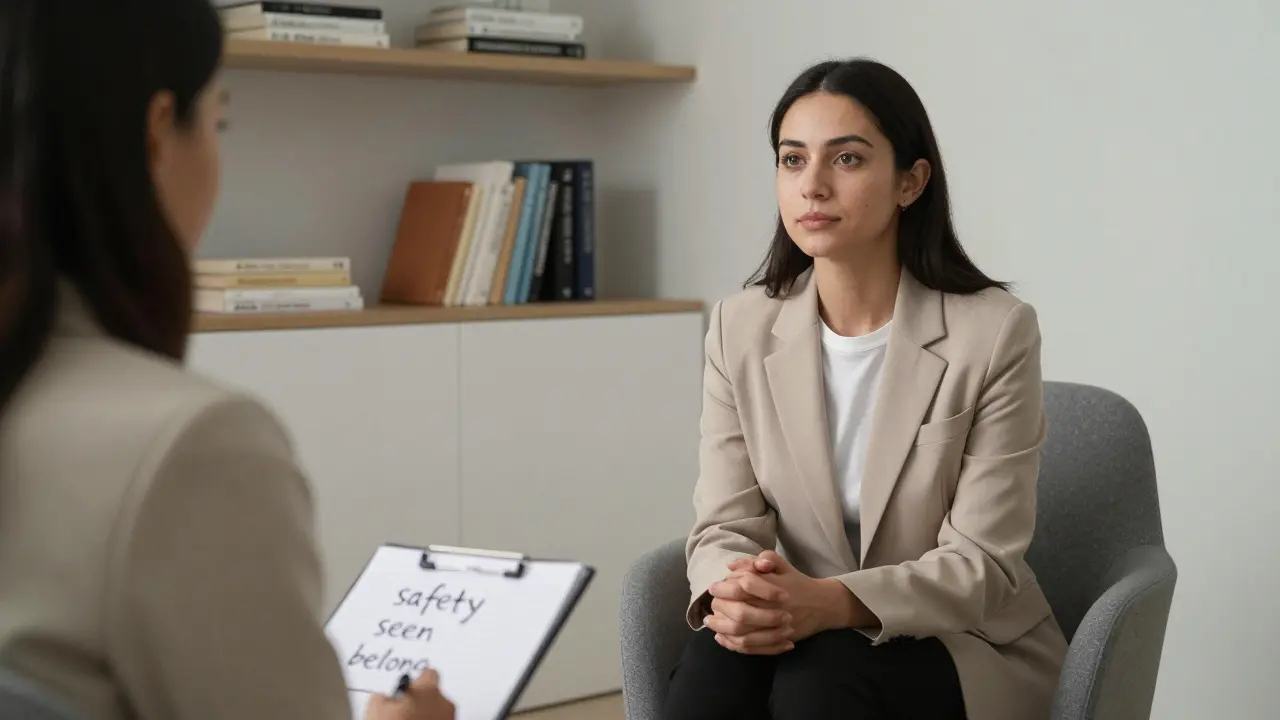 Профессионал и клиент в спокойной комнате, сидят друг напротив друга, не говоря ни слова — атмосфера внимательного слушания и эмпатии.