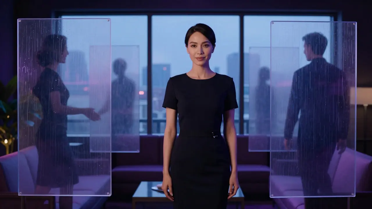 Профессиональная эскорт-девушка в спокойной обстановке, окруженная абстрактными отражениями эмоциональных моментов.