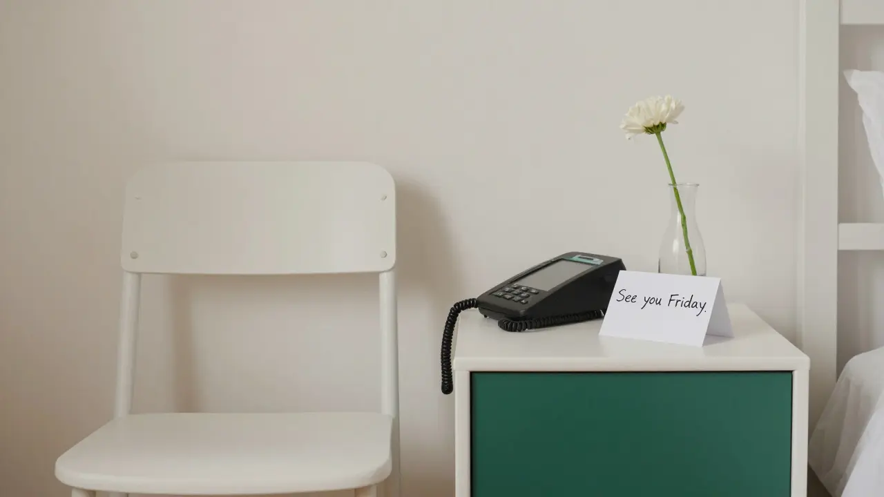 Пустой стул, телефон и цветок на тумбочке — намёк на регулярное, доверенное присутствие.