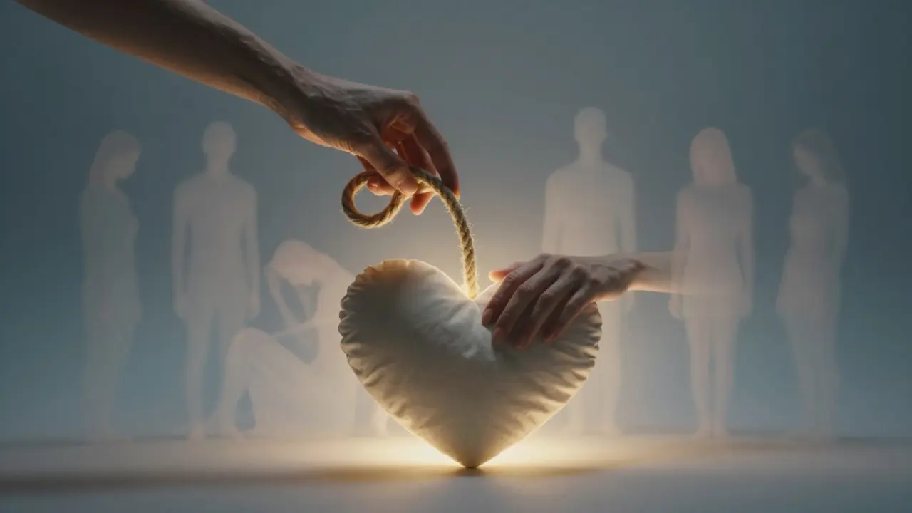 Рука держит веревку, другая лежит на подушке, вокруг — рассеивающиеся тени стресса, свет символизирует психологическое облегчение.