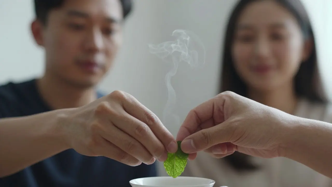 Рука кладет мяту в чай, за спиной — размытые силуэты двух людей в тишине.