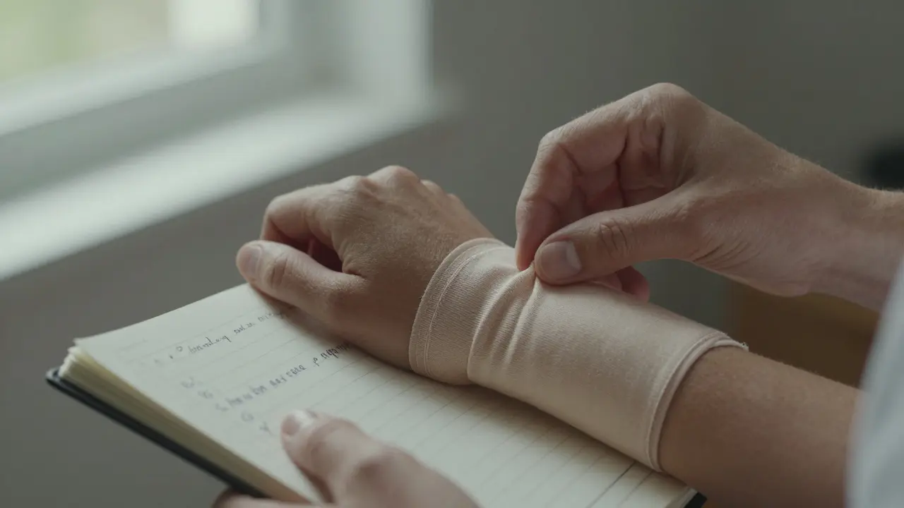 Руки аккуратно регулируют шёлковый бинт, рядом — записки о безопасности и материалах, подчёркивая профессиональный подход.