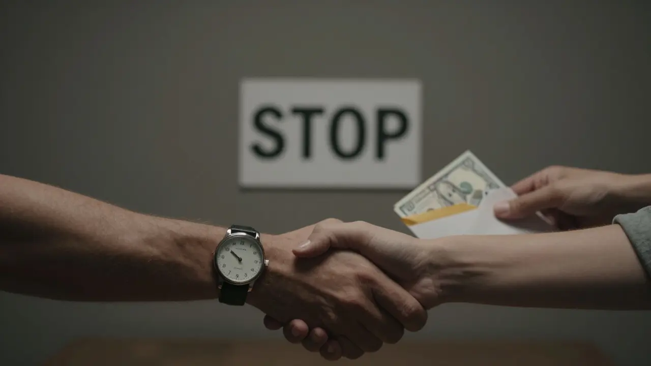 Руки обмениваются деньгами под знаком 'STOP' — символ доверия и уважения в фетиш-встрече.