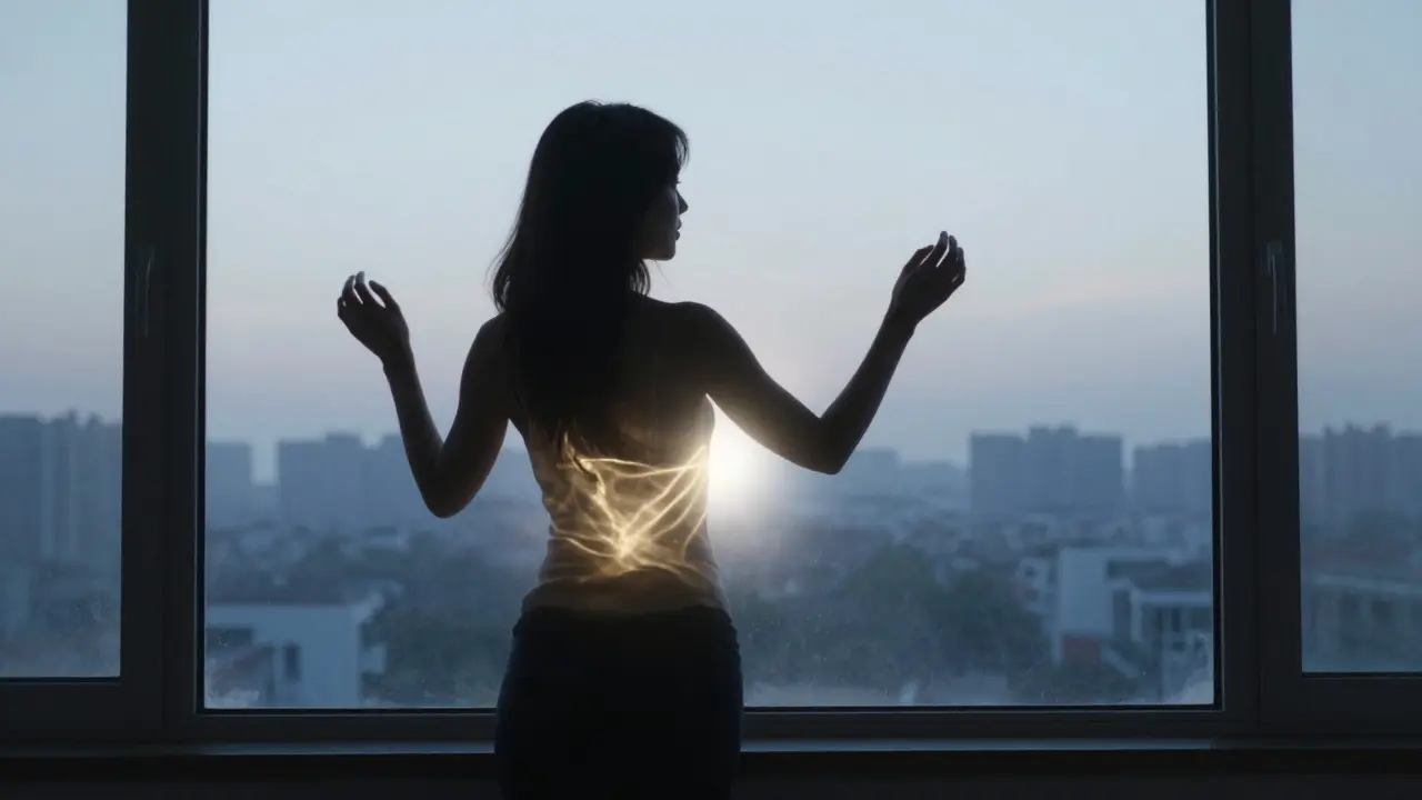 Силуэт женщины у окна на рассвете, из её тела исходит мягкое сияние, как будто она выпускает что-то внутреннее.