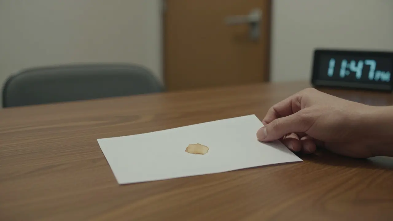 Сложенная бумага с пятном слезы на деревянном столе, пустой стул и закрытая дверь в фоне.