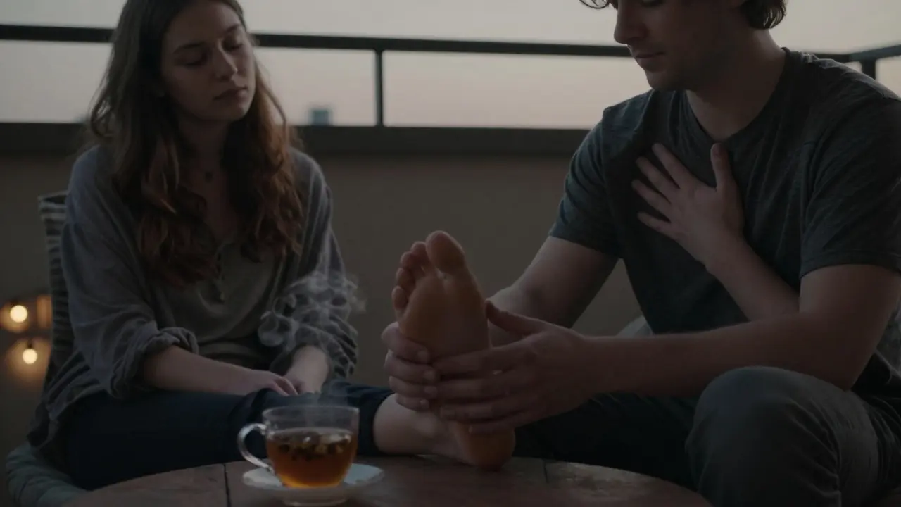 Тихий момент близости: рука держит ступню на груди при закате, без лиц, только жесты.