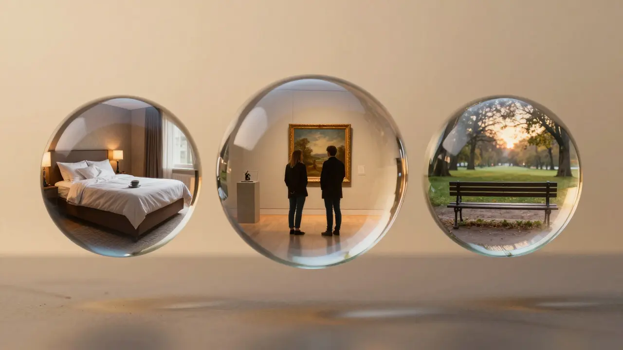Три прозрачные сферы с сценами уюта: отель, музей, скамейка на рассвете