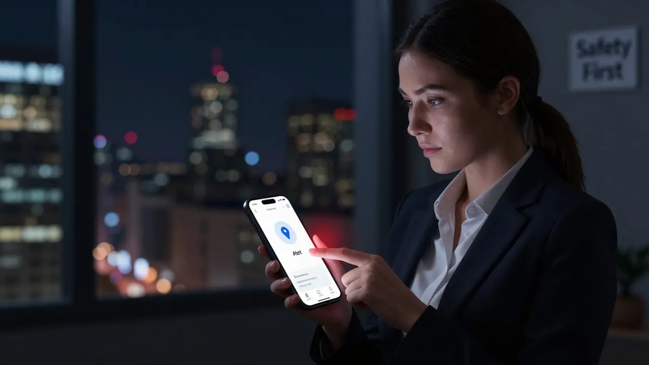 Женщина активирует функцию тревоги в приложении, на экране видны координаты и уведомление о вызове службы безопасности.