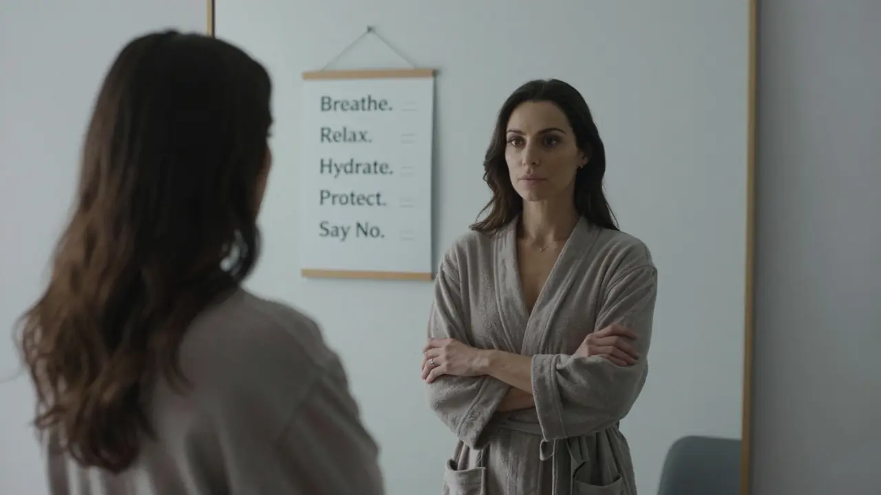 Женщина смотрит в зеркало в тихой комнате, на стене — чек-лист самозаботы и границ.