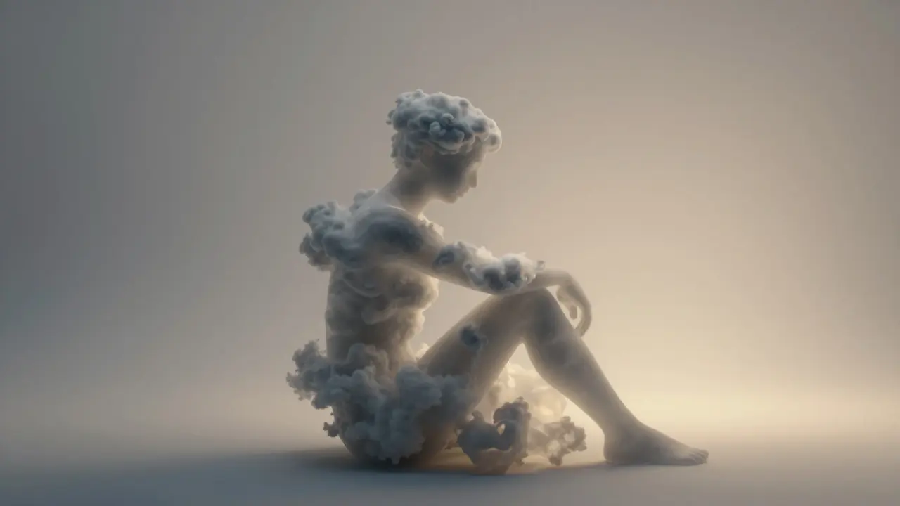 Абстрактное изображение эмоционального освобождения: тень человека, наполненная тучами, рассеивающаяся в золотом свете.