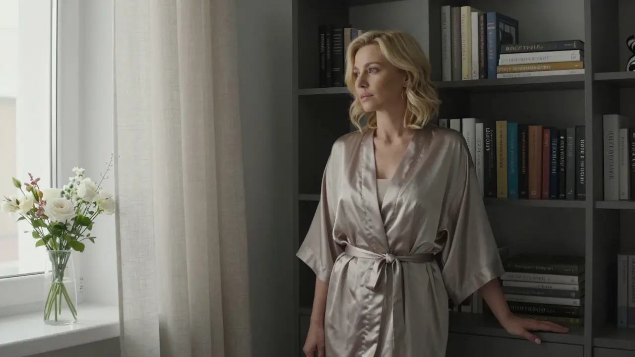 Блондинка в спокойной обстановке комнаты с книгами и цветами, элегантная и утонченная