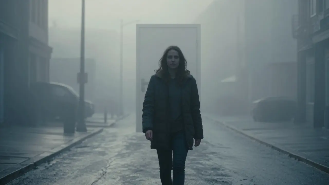 Человек идет по утреннему городу, плечи расслаблены — за спиной символическая дверь закрывается.