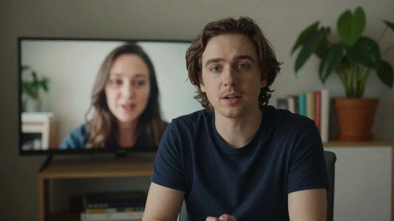 Человек на видеозвонке говорит спокойно, без фильтров, в уютной обстановке с книгами и растениями.