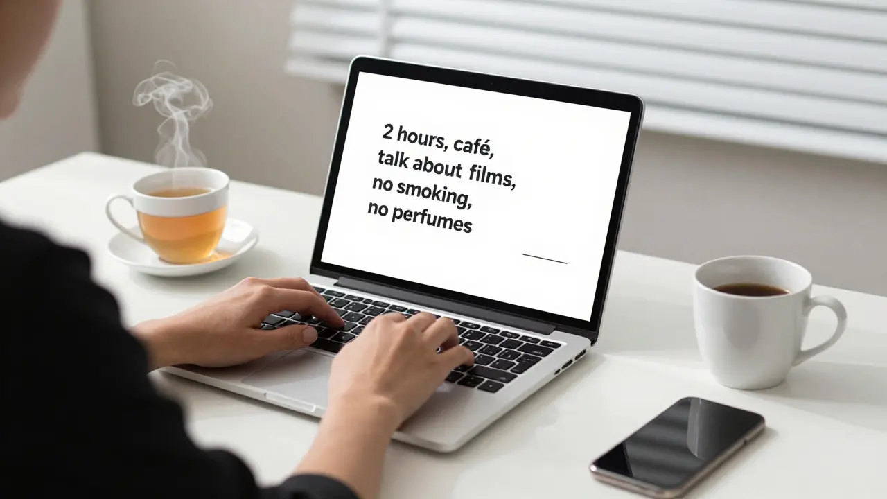 Человек пишет чёткий запрос на встречу: указывает время, место и границы, всё аккуратно оформлено.