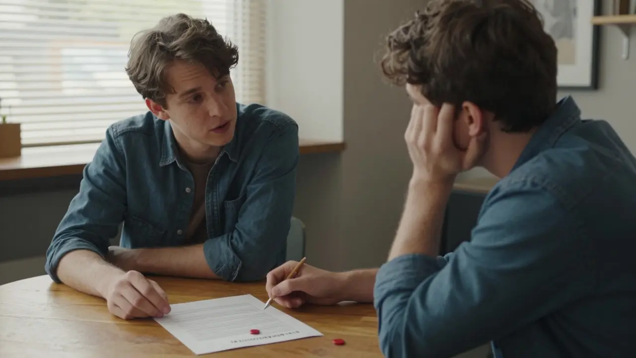 Два человека обсуждают соглашение за столом, на котором лежит красный сигнал для остановки.