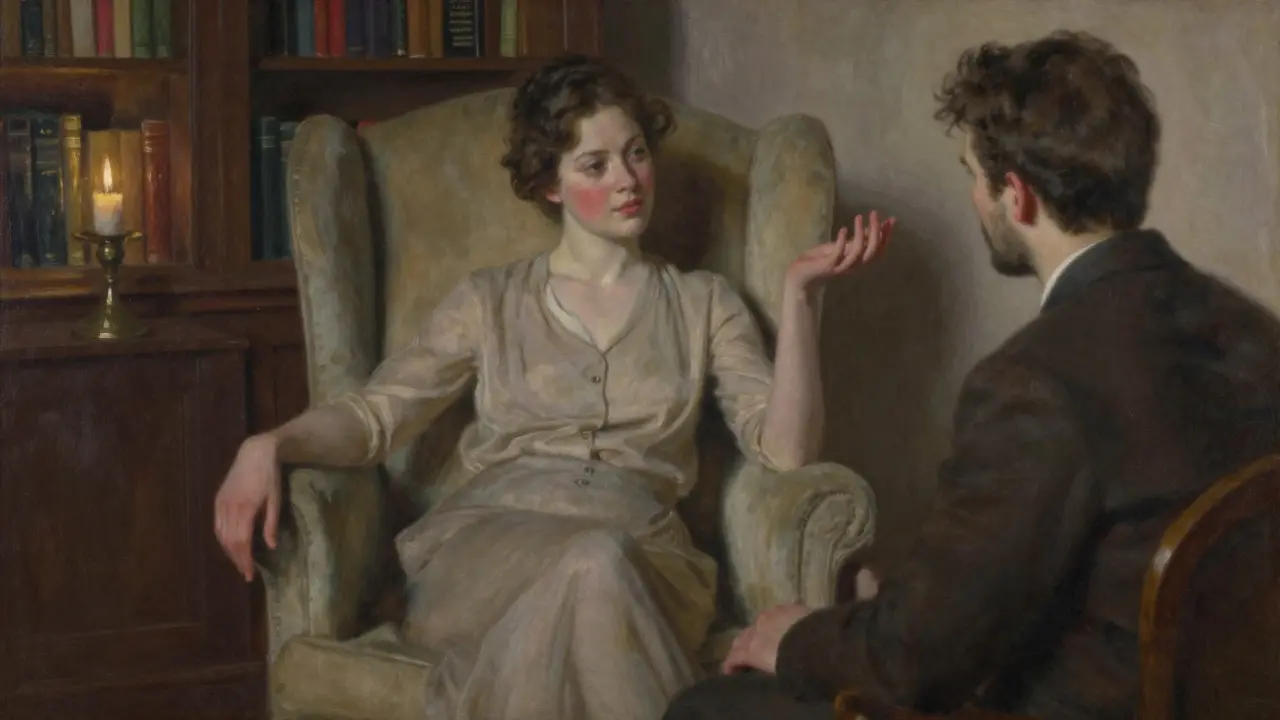 Два человека ведут тихий, уважительный разговор в уютной обстановке, их телесные сигналы выражают эмоциональную близость