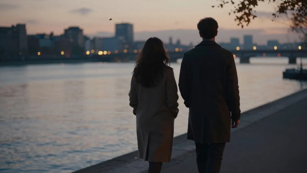 Два силуэта прогуливаются по набережной на закате, тишина и спокойствие в воздухе