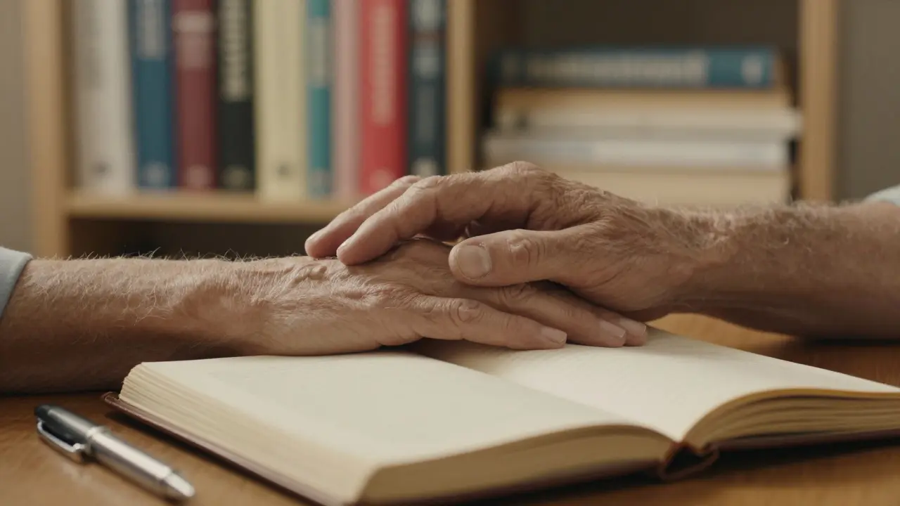 Две руки лежат друг на друге рядом с открытым дневником — символ доверия и эмоциональной связи.