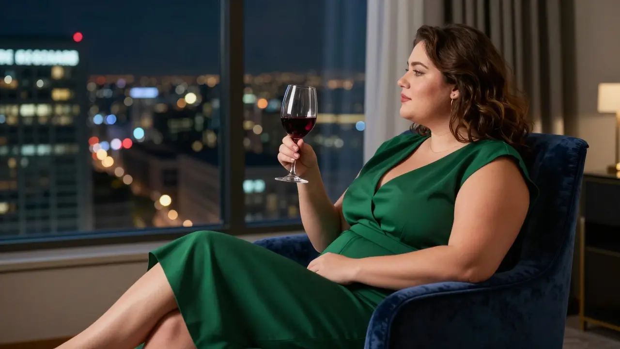 Элегантная дама с вином в люксе с видом на город