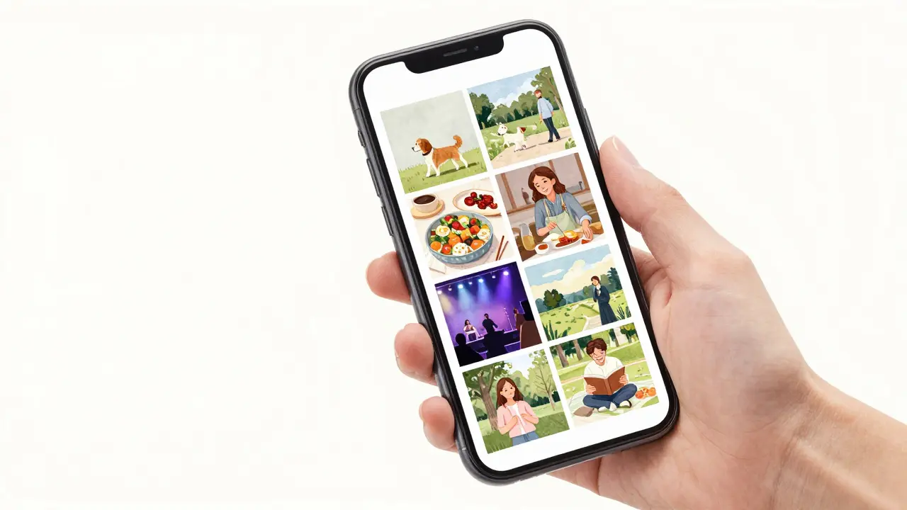 Коллаж из повседневных моментов жизни: прогулка с собакой, чтение, смех на концерте.