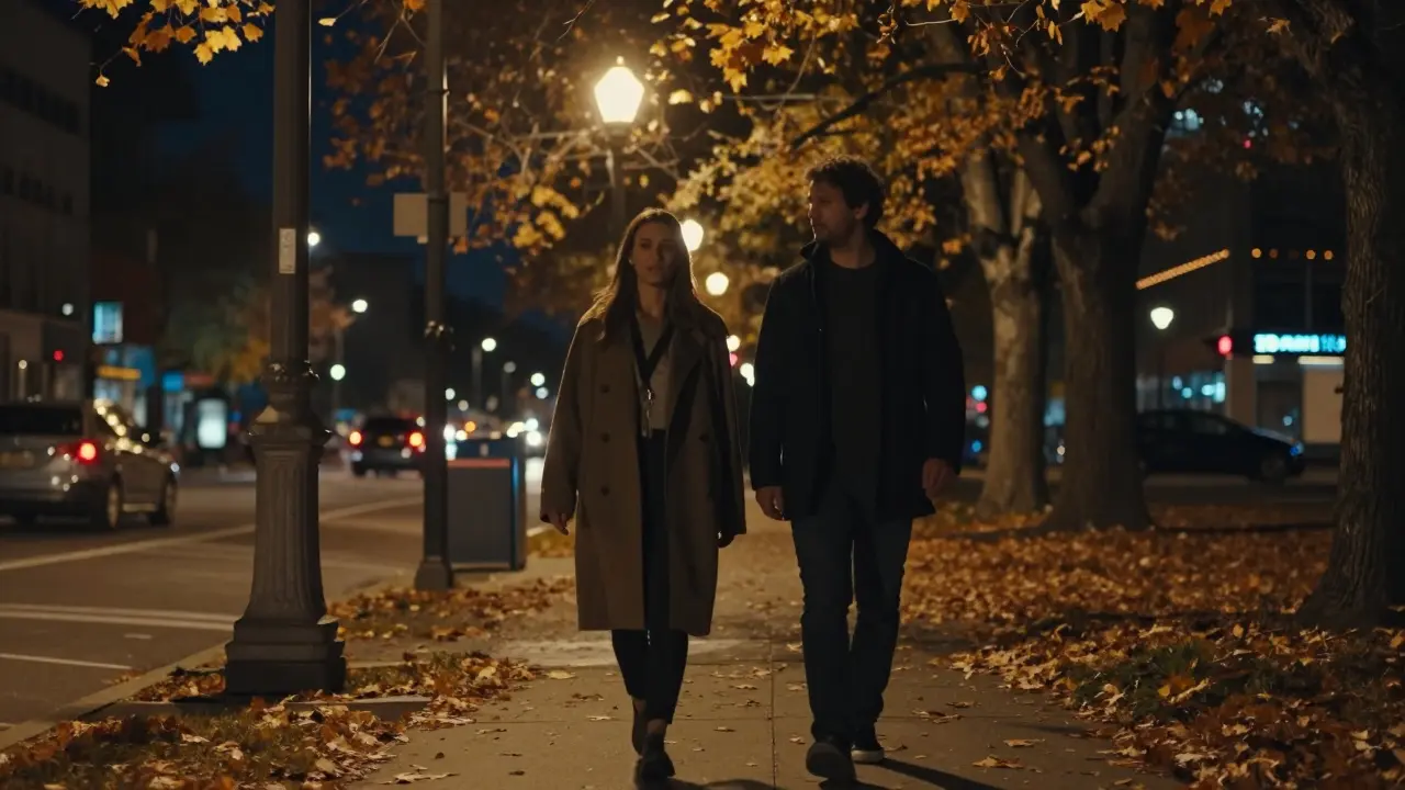 Мужчина и женщина гуляют по ночному городу под фонарями, листья падают, они рядом, но не держатся за руки.