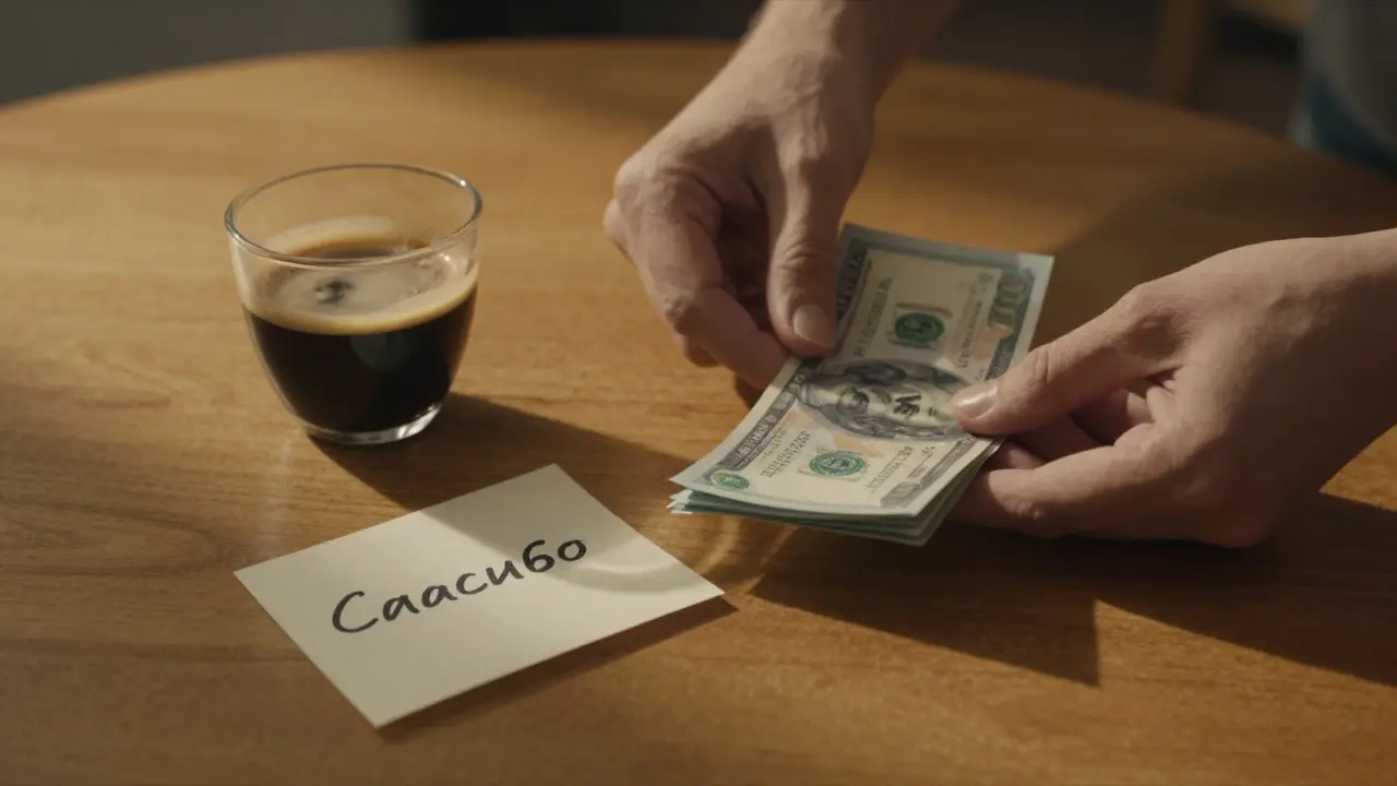 На столе лежат деньги и записка 'Спасибо' — символ благодарности и честного завершения встречи.