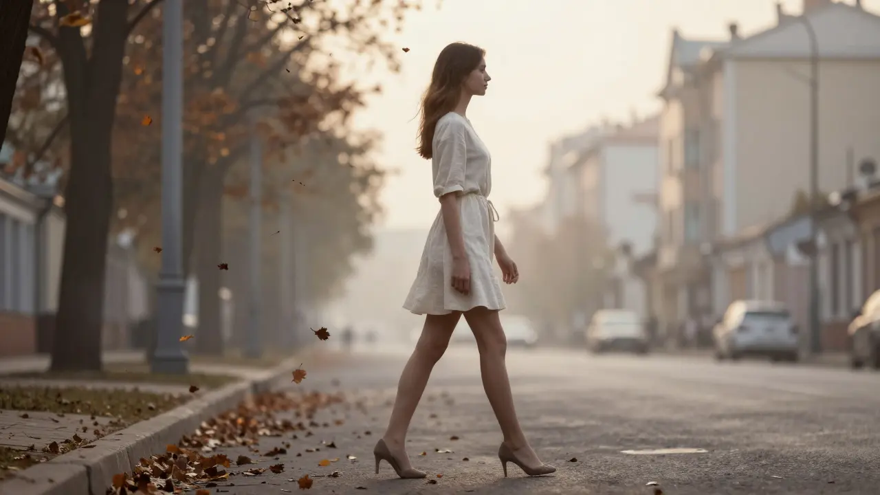 Петитная женщина идёт по осенней улице в Калуге, мягкий свет заката окутывает её, листья кружатся вокруг.