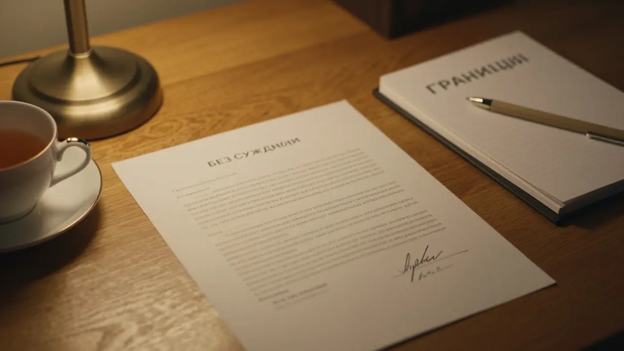 Подписанное соглашение на деревянном столе с чашкой чая и запиской 'Без осуждения'.
