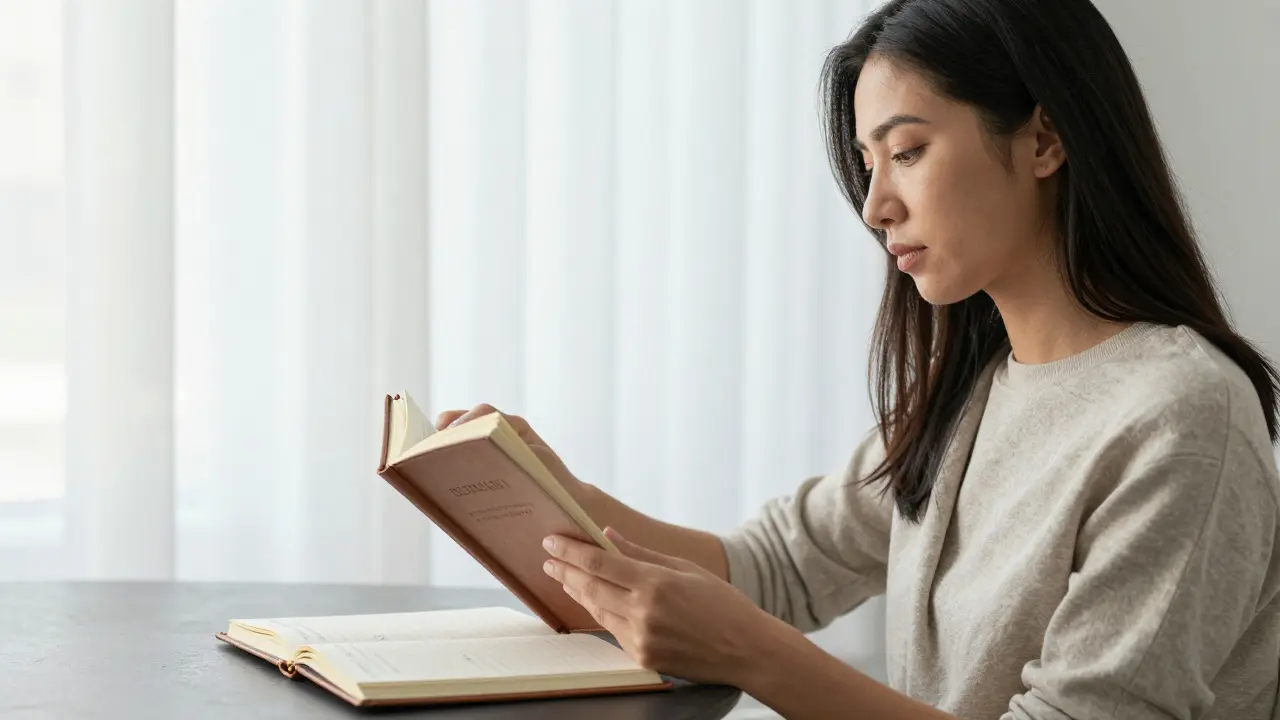 Профессиональная женщина с тёмными волосами читает книгу в светлом кабинете, её руки и одежда без излишеств.