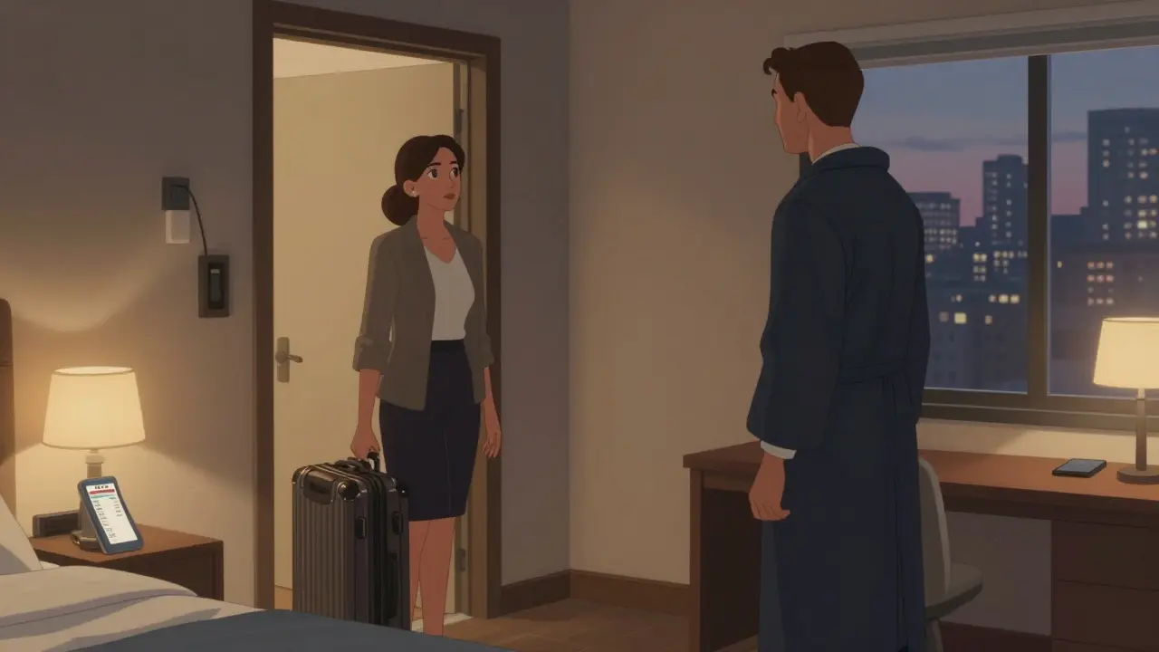 Профессиональная женщина встречается с клиентом в отеле, обстановка спокойная, уважительная, без излишеств.
