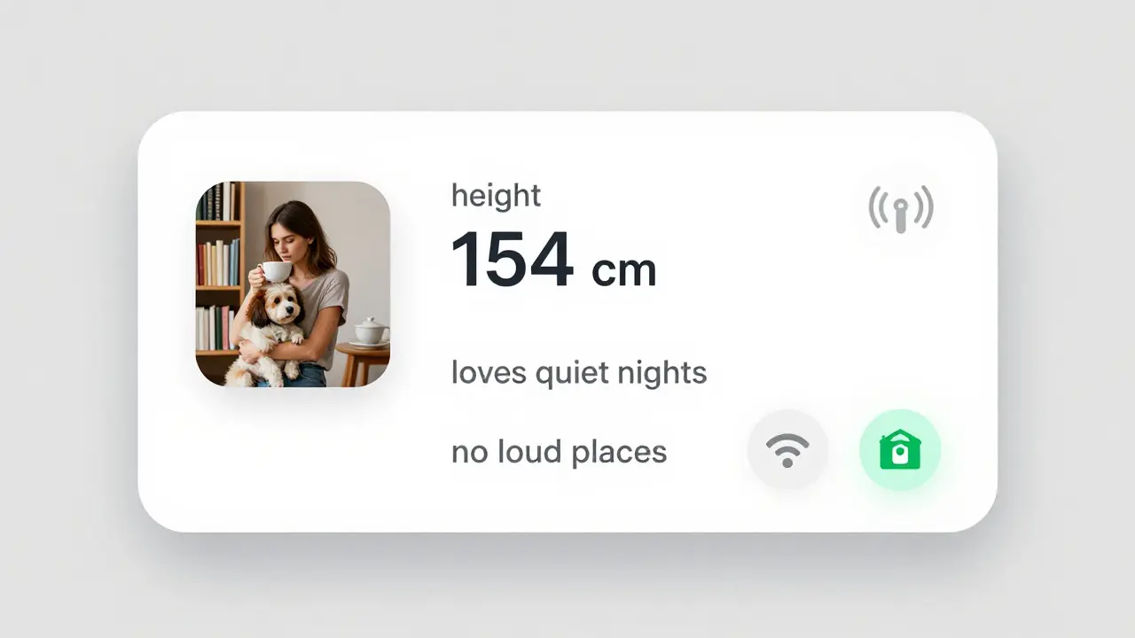 Профиль на платформе эскорт-услуг с фото в повседневной жизни и указанием роста, без стандартных параметров.
