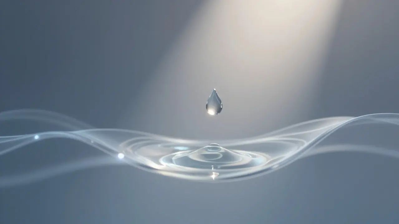 Прозрачная капля жидкости в свете утреннего солнца, окруженная легкими волнами, символизирующими глубокую эмоциональную связь