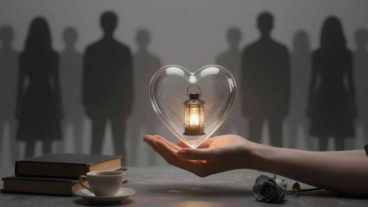 Прозрачное сердце с лампадой внутри — символ тихой эмоциональной поддержки, окружённое простыми предметами.