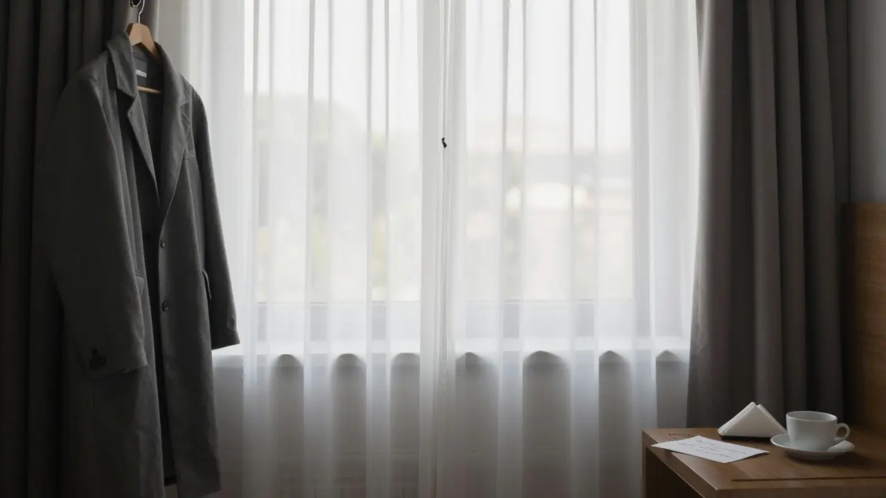 Пустая гостиничная комната на рассвете, пальто на вешалке, чашка кофе и записка — тишина и уважение после встречи.