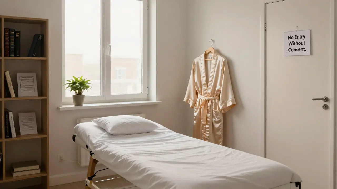 Пустая комната для сессий утром: халат, книга, знак «Без согласия вход запрещён» — символ уважения и анонимности.