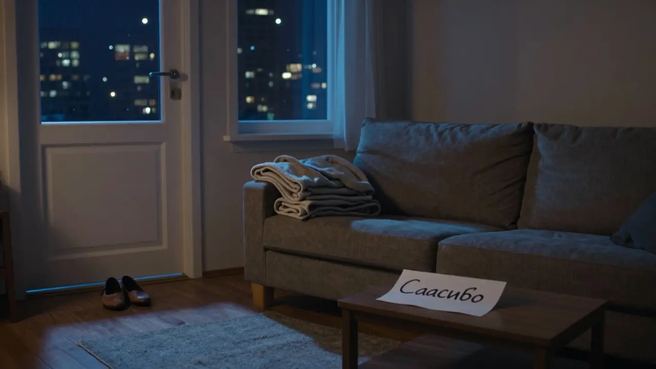 Пустая комната с folded blanket и запиской 'Спасибо' — пара вернулась домой, изменившаяся внутри.