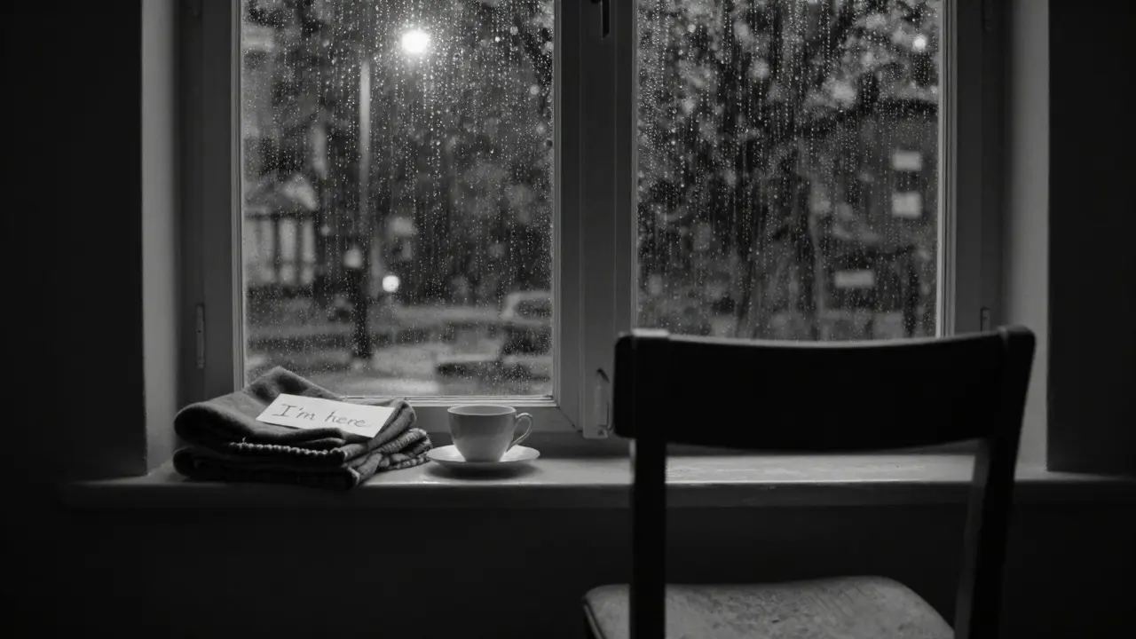 Пустое кресло у окна с дождем за стеклом — ощущение тихой заботы и незримого присутствия.