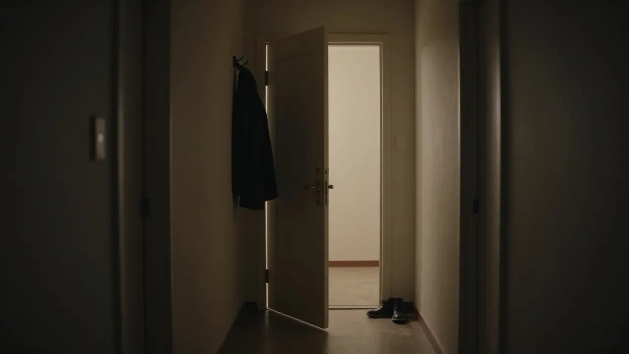 Пустой коридор ночью, дверь приоткрыта, обувь и пальто у входа — тишина и ожидание без слов.