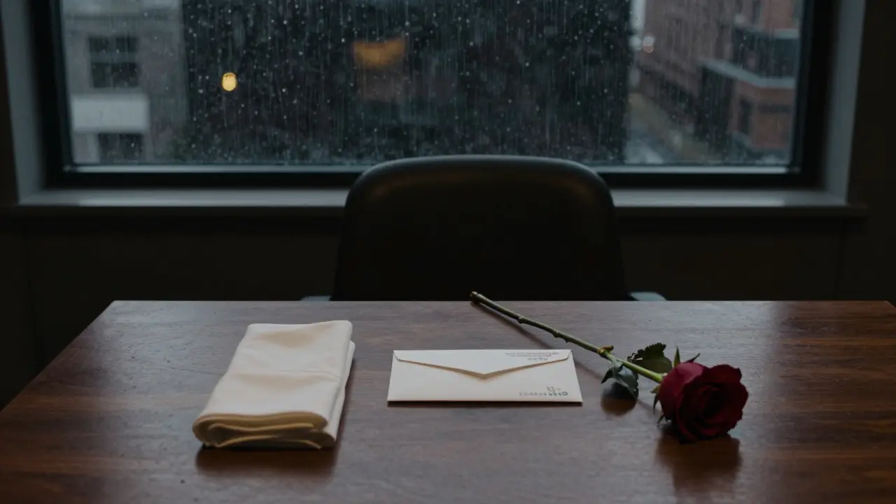 Пустой стул с конвертом и розой — последний след профессиональной встречи.