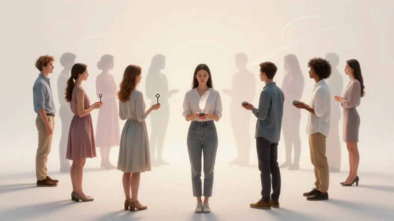 Разные люди держат предметы, символизирующие личный выбор, в то время как общественные ожидания растворяются.