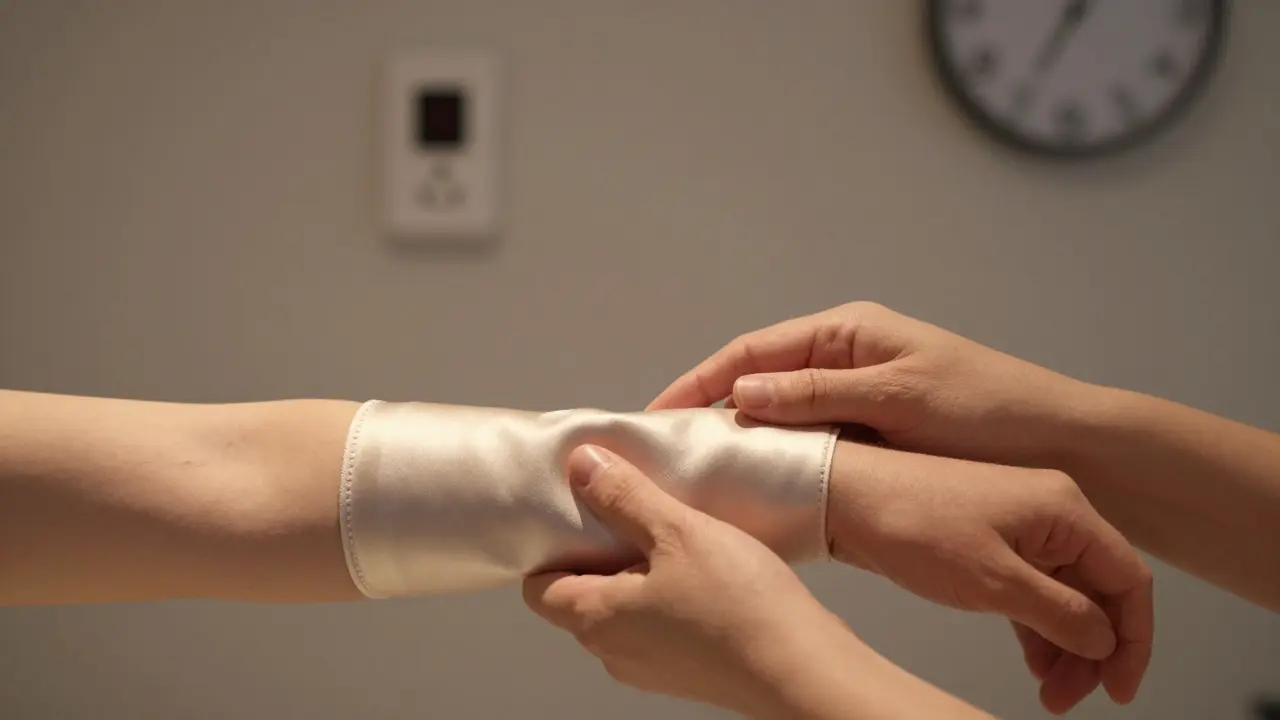 Руки аккуратно накладывают мягкий синтетический фиксатор на предплечье, подчёркивая безопасность и контроль.